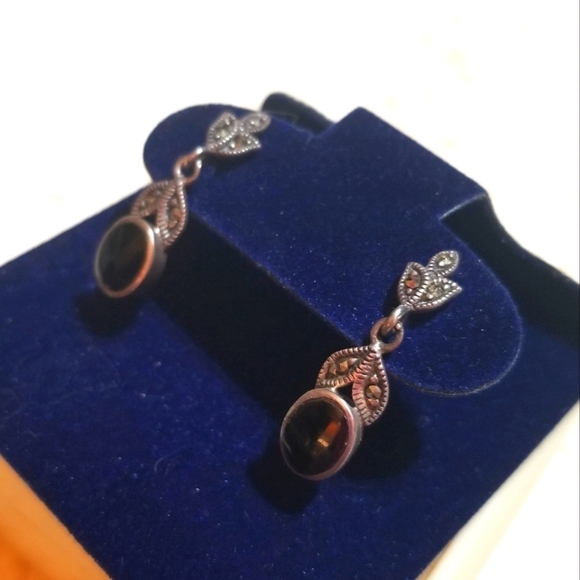 VTG Charles Winston Sterling Onyx Marcasite Dangle Earrings - Picture 4 of 5